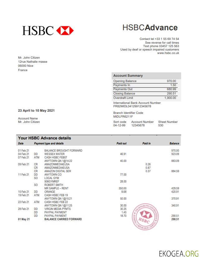 Modèle de relevé bancaire France HSBC au format Word et PDF